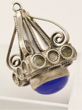 Vintage Etruscan Revival Fob Charm 800 Silver with Blue Glass Cabochon